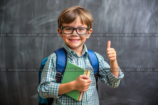 A boy with glasses shows the class with his hand. The child goes to school for the first time. A child with a school bag and a book. A child in the classroom on the background of a blackboard. Back to school. Стоковое AI-изображение, AI-художник Photojuli / Фотобанк Лори