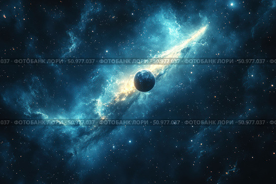 A breathtaking image of deep space with a bright galactic nebula and a planet illuminated by streams of starlight. The composition is made in a cool palette with shades of blue and light blue, emphasized by a golden glow. The view creates a sense of the infinity of the Universe, the mystery and beauty of outer space. Ideal for sci-fi covers, educational projects, space presentations and digital design. Стоковое AI-изображение, AI-художник Анна Кривицкая / Фотобанк Лори
