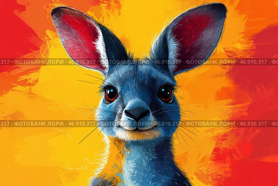 A bright and colorful portrait of a hare or baby kangaroo in a digital art style. Its fur is detailed, with shades of blue, gray and white, creating a painterly textured effect. The eyes are large, expressive, with a slight shine. The background is done in the style of abstract expressionism, with bright orange-red strokes that create a dynamic contrast with the cool shades of the fur. The image looks energetic, stylish and reminiscent of a modern digital illustration. Стоковое AI-изображение, AI-художник Анна Кривицкая / Фотобанк Лори