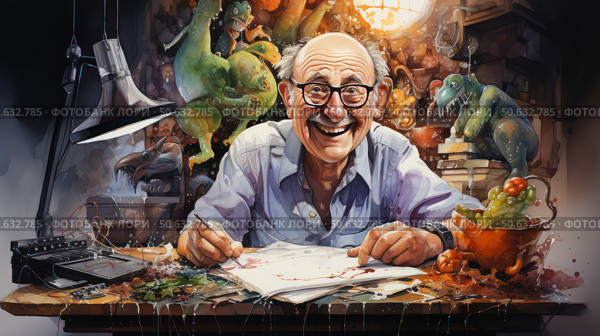 A bright and detailed illustration with a humorous mood, depicting an elderly artist surrounded by fantastic creatures and dinosaurs, bursting from his imagination straight onto the paper. The artist is sitting at a disorderly work table, illuminated by a lamp, drawing enthusiastically, smiling widely. The scene is filled with warmth, inspiration and creative chaos, conveying the joy of the process of creation. Great for themes related to creativity, inspiration, art, as well as educational and entertaining materials. Стоковое AI-изображение, AI-художник Анна Кривицкая / Фотобанк Лори