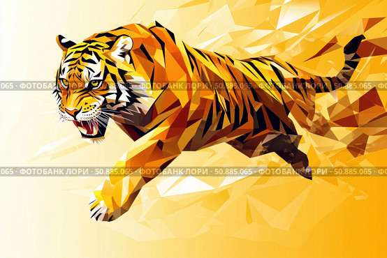 A bright and dynamic illustration of a tiger in a jump, made in the style of polygonal graphics. Aggressive and powerful image symbolizes strength, swiftness and wildness of nature. Graphic stylization gives the image a modern and abstract character, making it ideal for sports design, logos, posters, advertising and themes related to predators and wildlife. Стоковое AI-изображение, AI-художник Анна Кривицкая / Фотобанк Лори