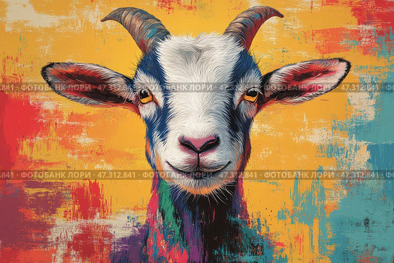 A bright, cheerful and charismatic portrait of a goat, made in the style of pop art with elements of digital painting. The goat looks straight at the viewer with a light, almost friendly smile. Its fur is conveyed by expressive brushstrokes: white and gray muzzle, blue, purple and orange shades on the sides. The background is rich yellow-red-blue-orange, with texture effects that create a sense of energy, movement and joy. The animal's gaze is sincere and intelligent, as if it wants to say something - or has already understood more than it seems. Стоковое AI-изображение, AI-художник Анна Кривицкая / Фотобанк Лори