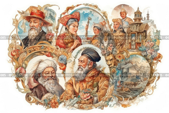 A bright historical fantasy composition made in the technique of watercolor illustration. In the center and along the edges are portraits of men and women in traditional and elegant clothes of different eras and cultures. Each image is surrounded by decorative frames with flowers, curls and symbols. Among the elements are architectural structures, fantastic masks, animals and a landscape with a castle and boats. The illustration conveys the atmosphere of travel, cultural heritage, stories and legends. Suitable for themes of art, history, ethnography, fairy tales and fantasy. Стоковое AI-изображение, AI-художник Анна Кривицкая / Фотобанк Лори