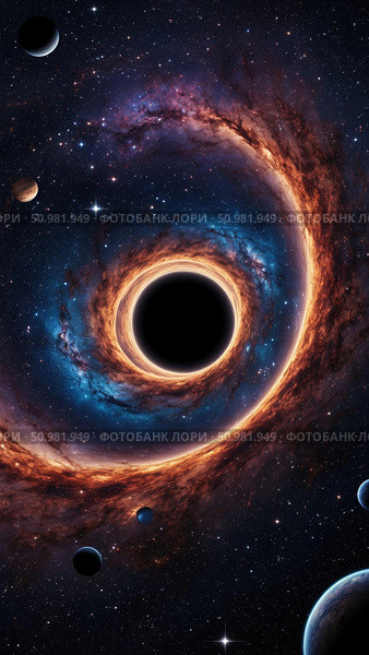 A bright space scene with a black hole and distant planets. Стоковое AI-изображение, AI-художник Анастасия Пальчикова / Фотобанк Лори