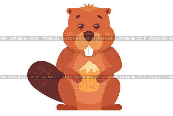 A brown beaver gnaws at a tree to build a dam. Стоковая иллюстрация, иллюстратор Вячеслав Беспутин / Фотобанк Лори