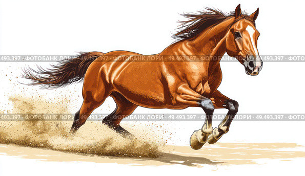 A brown horse is running through the sand. Стоковое фото, фотограф Ярославский Максим / Фотобанк Лори