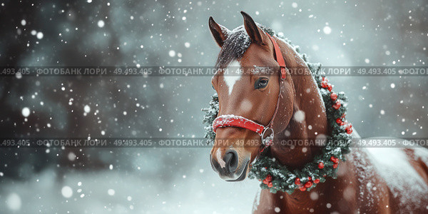 A brown horse with a red ribbon around its neck and a wreath on its head. Стоковое AI-изображение, AI-художник Ярославский Максим / Фотобанк Лори