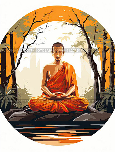A Buddhist monk stands and meditates. Created by AI. Стоковое AI-изображение, AI-художник Ярославский Максим / Фотобанк Лори