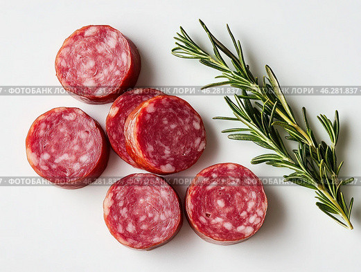 A bunch of salami slices are on a white background. Стоковое AI-изображение, AI-художник Ярославский Максим / Фотобанк Лори
