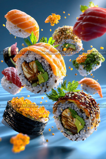 A bunch of sushi is flying through the air. Стоковое AI-изображение, AI-художник Ярославский Максим / Фотобанк Лори