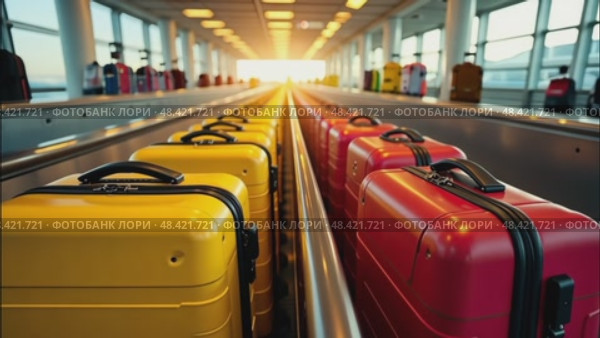 A bunch of yellow and red suitcases at the airport - cargo control, baggage allowance and hand luggage parameters on the plane, security, check-in and delivery of personal belongings. AI generated. Стоковое AI-видео, аниматор Ольга Симонова / Фотобанк Лори