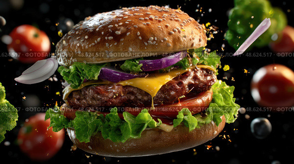 A burger with lettuce, tomato, and onions on top. Стоковое AI-изображение, AI-художник Ярославский Максим / Фотобанк Лори