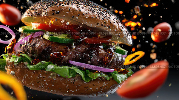 A burger with tomatoes and onions is being thrown into the air. Стоковое AI-изображение, AI-художник Ярославский Максим / Фотобанк Лори