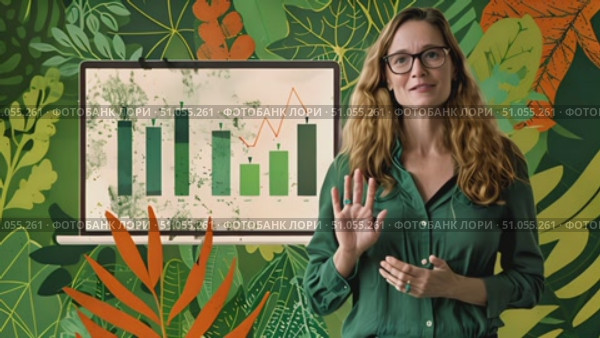 A businesswoman explains a growth chart, gesturing to the data on a screen, during an online presentation. Стоковое AI-видео, аниматор Данила Большаков / Фотобанк Лори