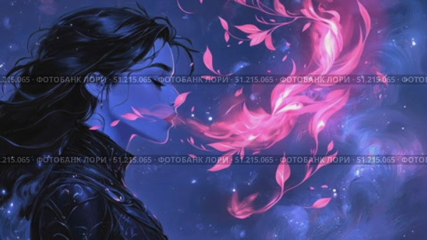 A captivating depiction of a woman in profile, surrounded by enchanting pink leaves and cosmic imagery, creating a mystical ambiance. Стоковое AI-видео, аниматор Данила Большаков / Фотобанк Лори