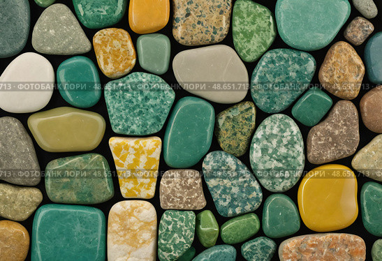 A captivating display showcases unakite and epidosite stones in various shapes and colors, highlighting their unique textures and natural beauty Generative AI. Стоковое AI-изображение, AI-художник Юлия Петровская / Фотобанк Лори
