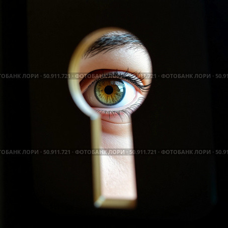 A captivating eye peers through a keyhole, revealing vibrant hues and intricate details. This intriguing moment invites imagination, evoking curiosity about what lies beyond Generative AI. Стоковое AI-изображение, AI-художник Юлия Петровская / Фотобанк Лори