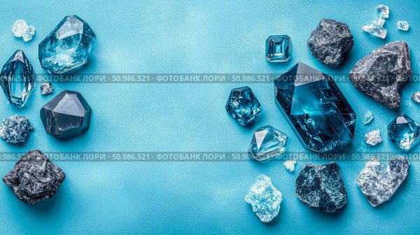 A captivating flat lay of natural blue and dark mineral crystals, faceted gemstones and rough raw rock specimens artfully arranged on serene blue background, showcasing diverse forms and geological beauty. Стоковое AI-изображение, AI-художник Данила Большаков / Фотобанк Лори
