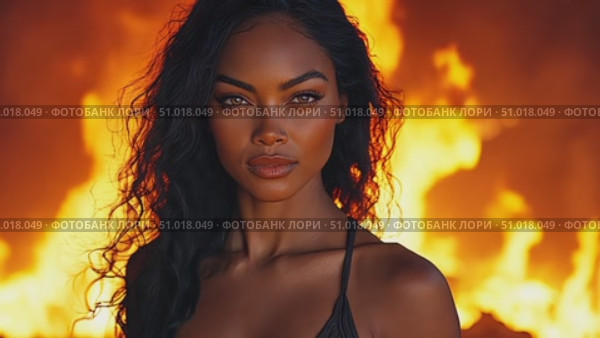 A captivating model showcases her beauty and strength in front of a blazing fire, creating a striking visual contrast and allure. Стоковое AI-видео, аниматор Данила Большаков / Фотобанк Лори