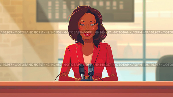 A cartoon of a woman confidently speaking into a microphone, showcasing public speaking or communication skills. Стоковое AI-изображение, AI-художник Данила Большаков / Фотобанк Лори