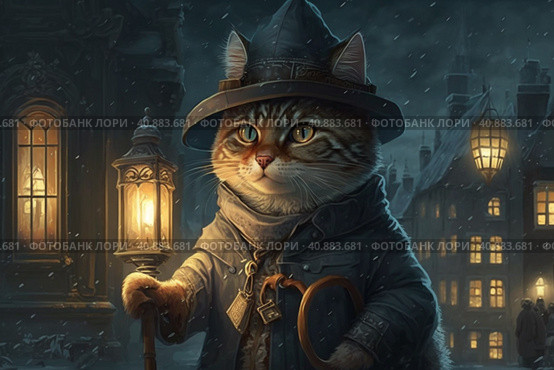 A cat in a raincoat and a hat with a flashlight in the center of a medieval town with gabled roofs at night, , Generative AI. Стоковое AI-изображение, AI-художник Анна Кривицкая / Фотобанк Лори