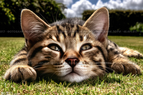 A cat is laying on the grass with its eyes closed. Стоковое AI-изображение, AI-художник Ярославский Максим / Фотобанк Лори
