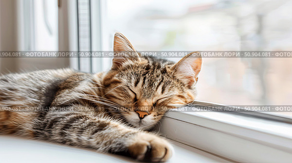 A cat peacefully napping on a window sill next to an open window, bathed in sunlight. Стоковое AI-изображение, AI-художник Данила Большаков / Фотобанк Лори