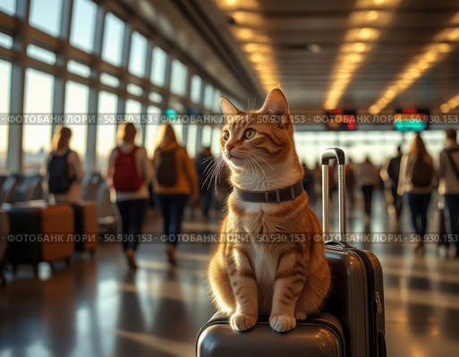 A cat sits on a suitcase in a busy airport terminal. Стоковое AI-изображение, AI-художник Ярославский Максим / Фотобанк Лори