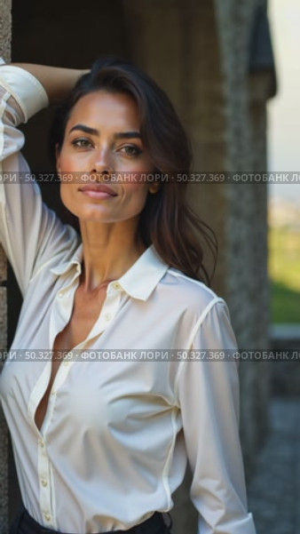 A caucasian young woman in a white blouse standing confidently with her arm scratches and ruffles her hair against a textured stone wall, soft lighting enhancing. Стоковое AI-видео, аниматор Sergey Grishin / Фотобанк Лори