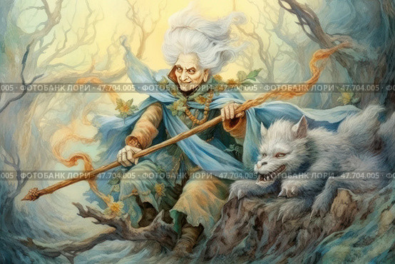 A charismatic elderly sorceress with white flowing hair, sitting on a snag in a magical forest. In her hands she holds a long wooden staff, and next to her is her mythical companion - a snow-white beast, reminiscent of a mixture of a wolf and a cat, with sharp teeth and a magical look. The illustration is full of movement, mysticism and ancient power. Ideal for themes: fantasy, magic, witches, fairy-tale creatures, illustrations for books and role-playing games. Стоковое AI-изображение, AI-художник Анна Кривицкая / Фотобанк Лори