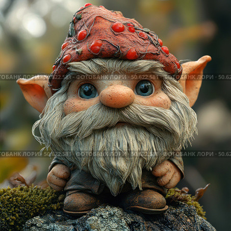 A charming gnome with a lush gray beard and big blue eyes stands on a mossy stone in the forest. He is dressed in brown clothes and wears a bright red hat decorated with berries. The figure is made in the style of fairy-tale realism with high detail - the texture of the wood, moss and clothes are carefully worked out. The image of the gnome evokes associations with forest spirits, magic and children's fairy tales. Ideal for illustrations, fantasy themes, books and decor. Стоковое AI-изображение, AI-художник Анна Кривицкая / Фотобанк Лори
