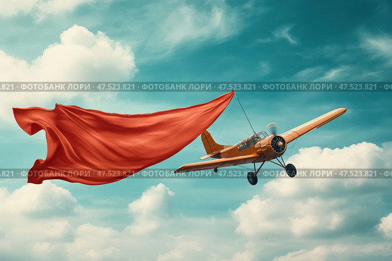 A charming vintage-style aircraft soars through the sky, towing a vivid red banner. The scene captures the nostalgia of retro aerial advertising against a serene blue backdrop. Стоковое AI-изображение, AI-художник Nart / Фотобанк Лори
