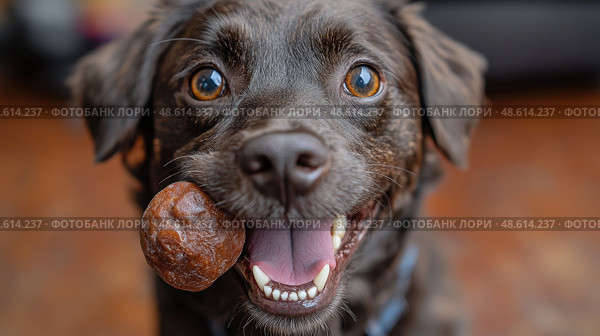 A cheerful brown dog with bright eyes enjoys playing with a small chew toy in a warm and inviting indoor space. Стоковое AI-изображение, AI-художник Данила Большаков / Фотобанк Лори