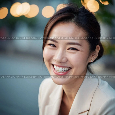 A cheerful Chinese woman dressed in a white blazer smiles warmly while standing in a vibrant traditional courtyard filled with lanterns. People walk by in the background. Mongoloid Asian face type. AI. Стоковое AI-изображение, AI-художник Юлия Петровская / Фотобанк Лори