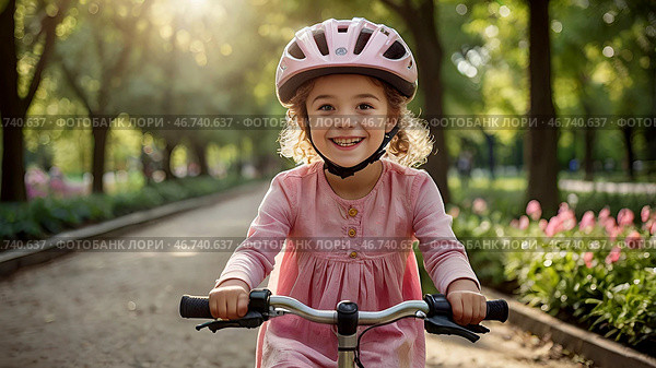 A cheerful girl in a pink dress rides a bicycle in a helmet in the park. A happy child is engaged in an active sport. Protection. Life insurance and child safety. Стоковое AI-изображение, AI-художник Photojuli / Фотобанк Лори