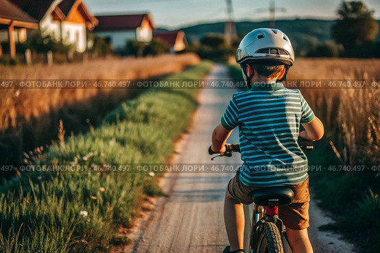 A cheerful little boy rides a bicycle in a helmet outdoors. A happy child is engaged in an active sport. Protection. Life insurance and child safety. Стоковое AI-изображение, AI-художник Photojuli / Фотобанк Лори
