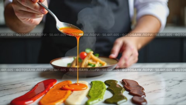 A chef's hand holding a spoon dripping with colorful sauces sriracha, tahini, chimichurri arranged in a rainbow pattern on a marble surface. Стоковое AI-видео, аниматор Sergey Grishin / Фотобанк Лори