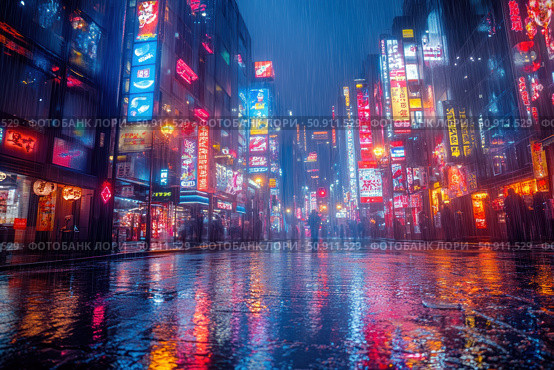 A city street on a rainy night, illuminated by bright neon signs. The atmosphere immerses you in the world of cyberpunk and Asian metropolis. Wet asphalt reflects the lights, creating a play of color and light. The street is full of life despite the rain: silhouettes of passersby and movement hidden behind a veil of water. Suitable for themes of urbanism, futurism, cyber aesthetics, nightlife and visual storytelling. Стоковое AI-изображение, AI-художник Анна Кривицкая / Фотобанк Лори