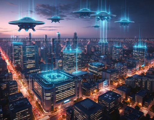 A cityscape with a futuristic vibe. Стоковое AI-изображение, AI-художник Ярославский Максим / Фотобанк Лори