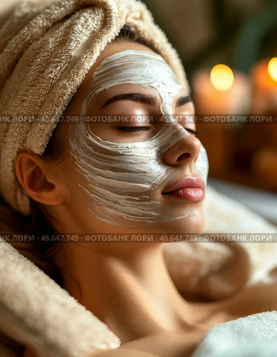 A cleansing clay mask on a girl's face while she lies in a chair. The procedure gently exfoliates dead skin cells, smoothes texture and evens out tone. Стоковое AI-изображение, AI-художник Сергей Елизарьев / Фотобанк Лори