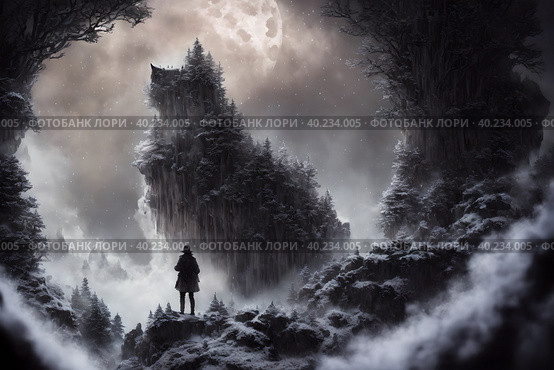 A cliff looking like giant wolf, warg Fenrir, looking at you trough snow covered trees in the northern forest at twilight. AI generated. Стоковое AI-изображение, AI-художник Сергей Старуш / Фотобанк Лори