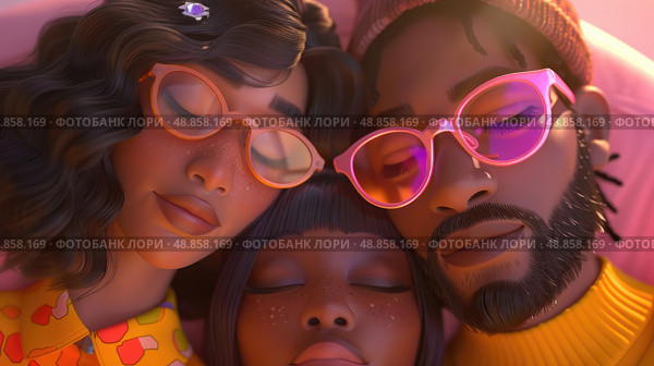 A close-up image of three friends, two women and one man, wearing sunglasses and napping close together. They appear to be relaxed and enjoying each others company. Стоковое AI-изображение, AI-художник Данила Большаков / Фотобанк Лори