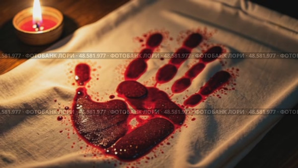 A close-up of a bloodied handprint on a white cloth, symbolizing sacrifice, illuminated by the dim glow of a single oil lamp. Стоковое AI-видео, аниматор Sergey Grishin / Фотобанк Лори