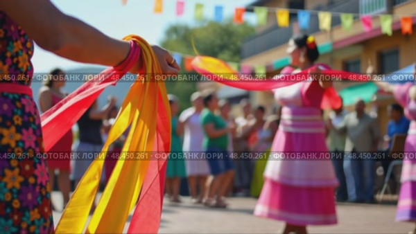 A close-up of a dancer's hands holding colorful ribbons, performance during a traditional Mexican folk dance in traditional costumes. Cinco de Mayo. Independence Day. Стоковое AI-видео, аниматор Sergey Grishin / Фотобанк Лори
