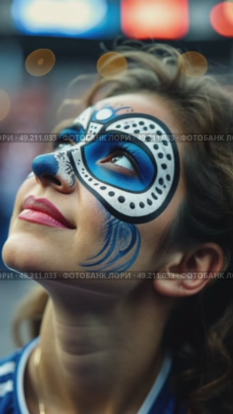 A close-up of a fan's face painted with intricate colors team designs, their eyes wide with anticipation as they watch the match on a giant sport stadium. Стоковое AI-видео, аниматор Sergey Grishin / Фотобанк Лори