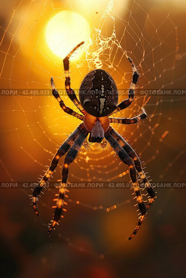A close-up of a large brown and white spider with a yellow background. Стоковое AI-изображение, AI-художник Юрий Поздников / Фотобанк Лори