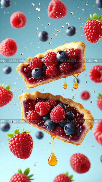A close up of a raspberry pie with a drizzle of honey. Стоковое AI-изображение, AI-художник Ярославский Максим / Фотобанк Лори