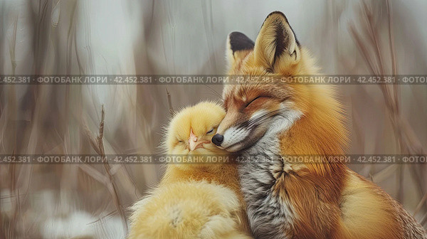 A close-up of a rescued red fox with a chicken next to it. An unusual friendship in nature. Стоковое AI-изображение, AI-художник Ярославский Максим / Фотобанк Лори
