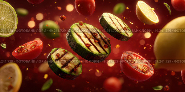 A close up of a variety of vegetables and fruits, including tomatoes, cucumbers. Стоковое AI-изображение, AI-художник Ярославский Максим / Фотобанк Лори