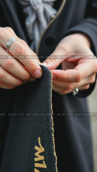 A close-up of a woman hands sewing a black cloth banner, her fingers trembling slightly as she prepares for the Ashura procession. Стоковое AI-видео, аниматор Sergey Grishin / Фотобанк Лори